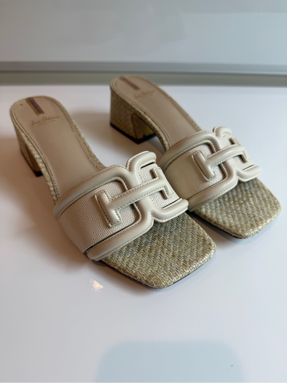 Sam Edelman Cream Woven-Trim Block Heel Mules